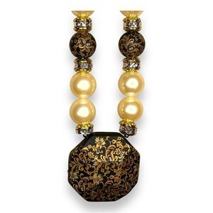 VINTAGE HAND PAINTED JAPANESE BEADED NECKLACE RETRO FLORAL FILIGREE FAUX PEARL